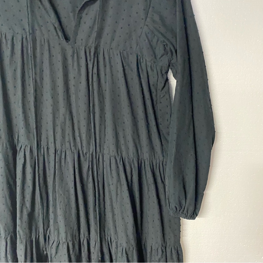 NATALIE MARTIN BLACK Small COTTON LONG SLEEVE TIERED MAXI DRESS Tassel V Neck - Picture 4 of 11
